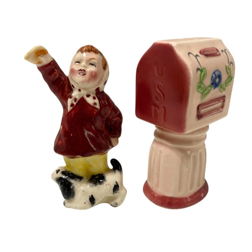 Vtg Girl & Puppy US Mailbox Salt & Pepper Shaker Set Japan